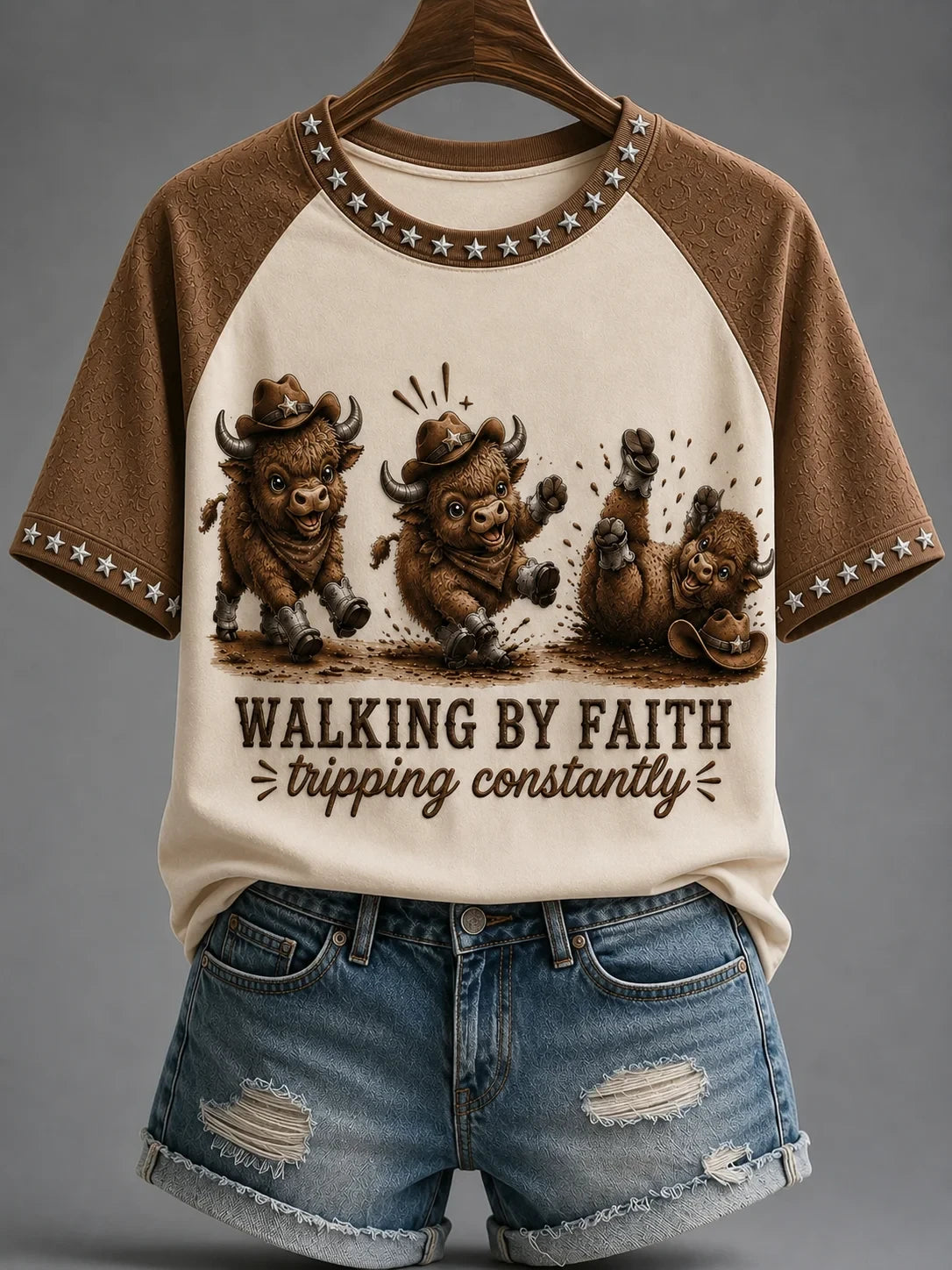 Walking By Faith Tripping Constantly T-Shirt Cowboy Bulls Shirt Unique Gift - Merchluma