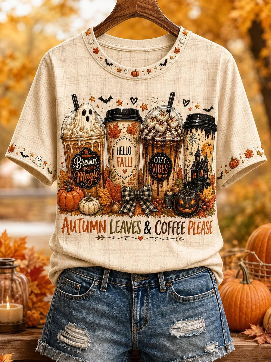 Autumn Leaves And Coffee Please T-Shirt Autumn Halloween Tee Gifts For Fall Apparel - Merchluma