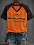 Jack-O'Lantern Spooky Season V-Neck Shirt Halloween Themed Presents For Hers - Merchluma