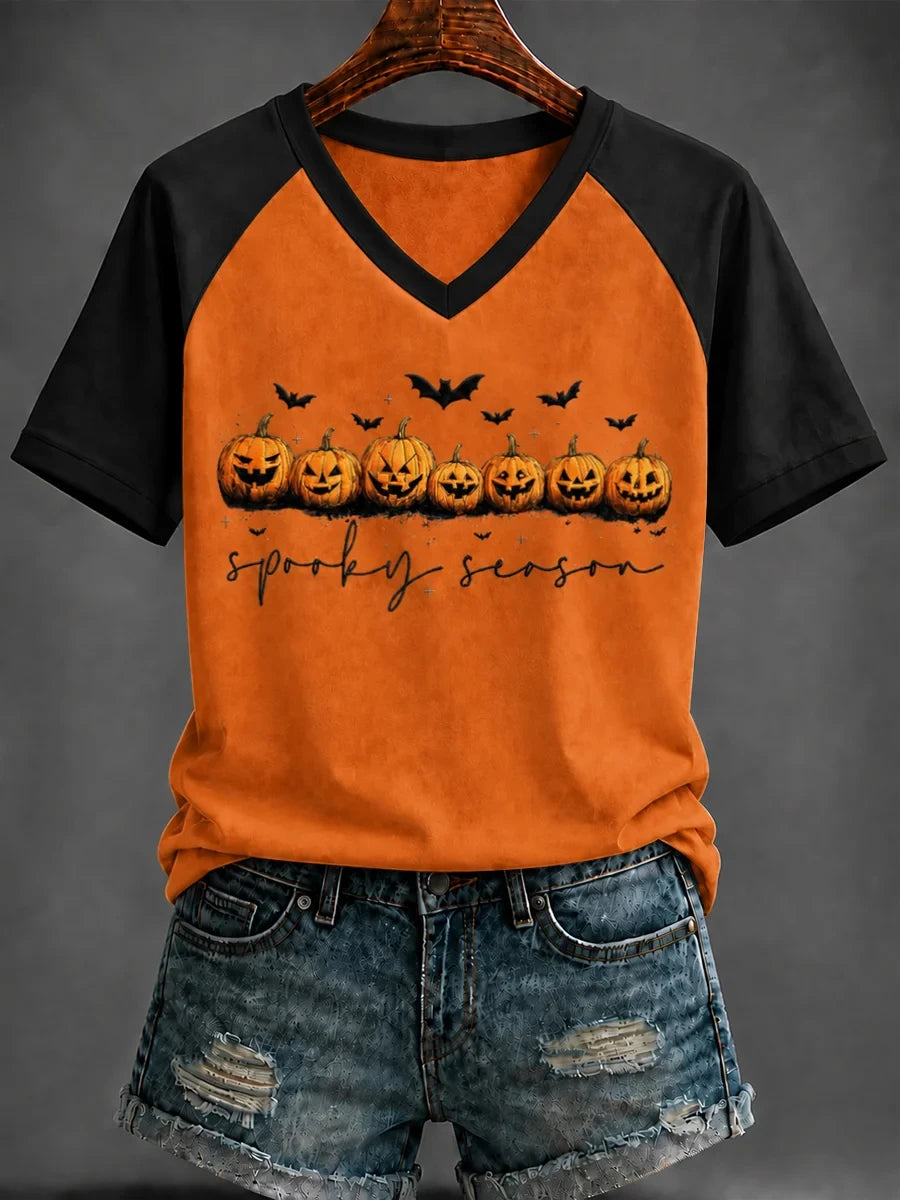 Jack-O'Lantern Spooky Season V-Neck Shirt Halloween Themed Presents For Hers - Merchluma