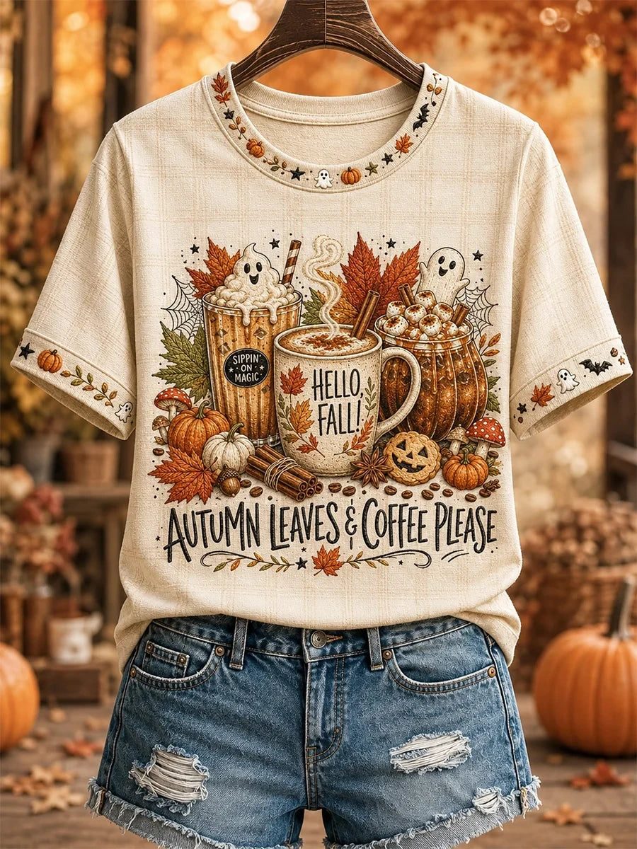 Autumn Leaves Coffee Please T-Shirt Autumn Halloween Shirt Top Apparel Gift - Merchluma