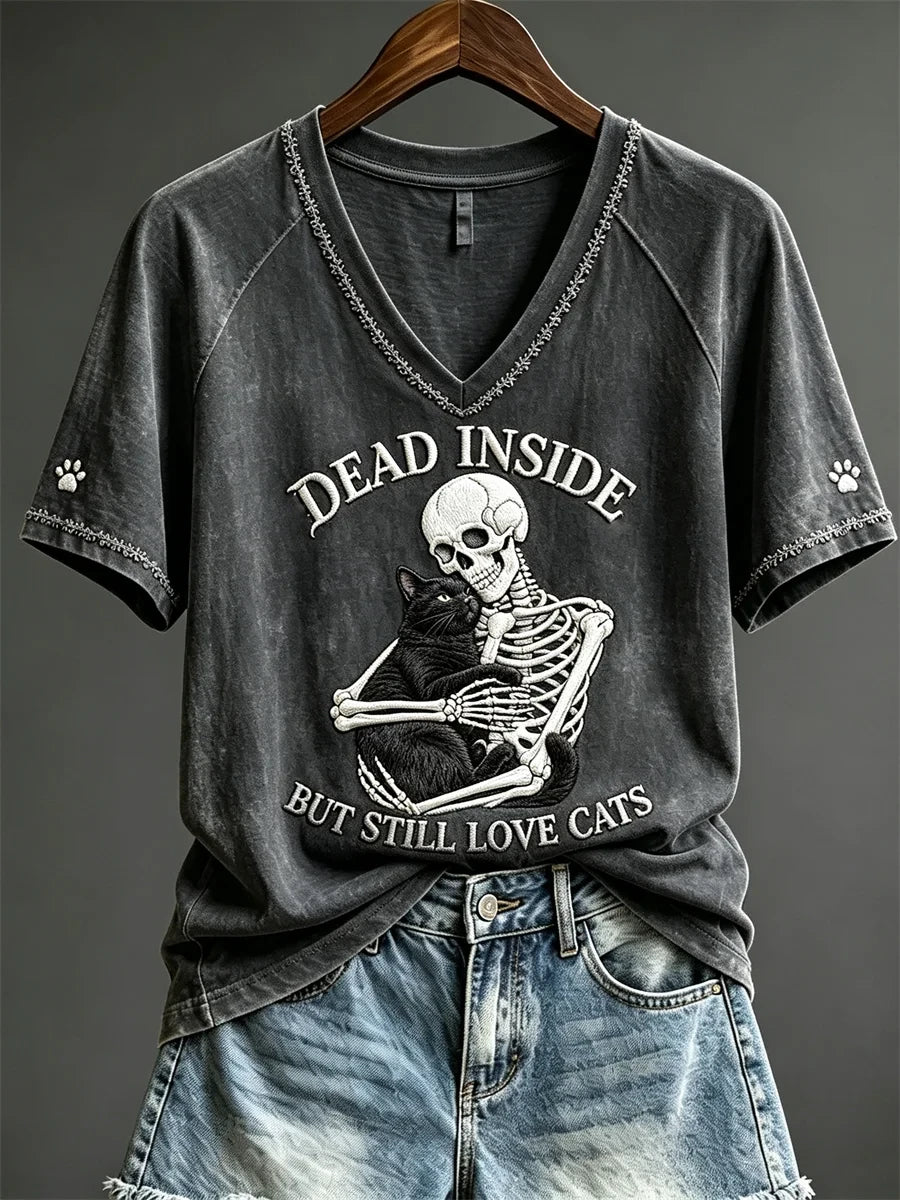 Skeleton Dead Inside But Still Love Cats V-Neck Shirt Halloween Apparel Gift For Cat Mom - Merchluma