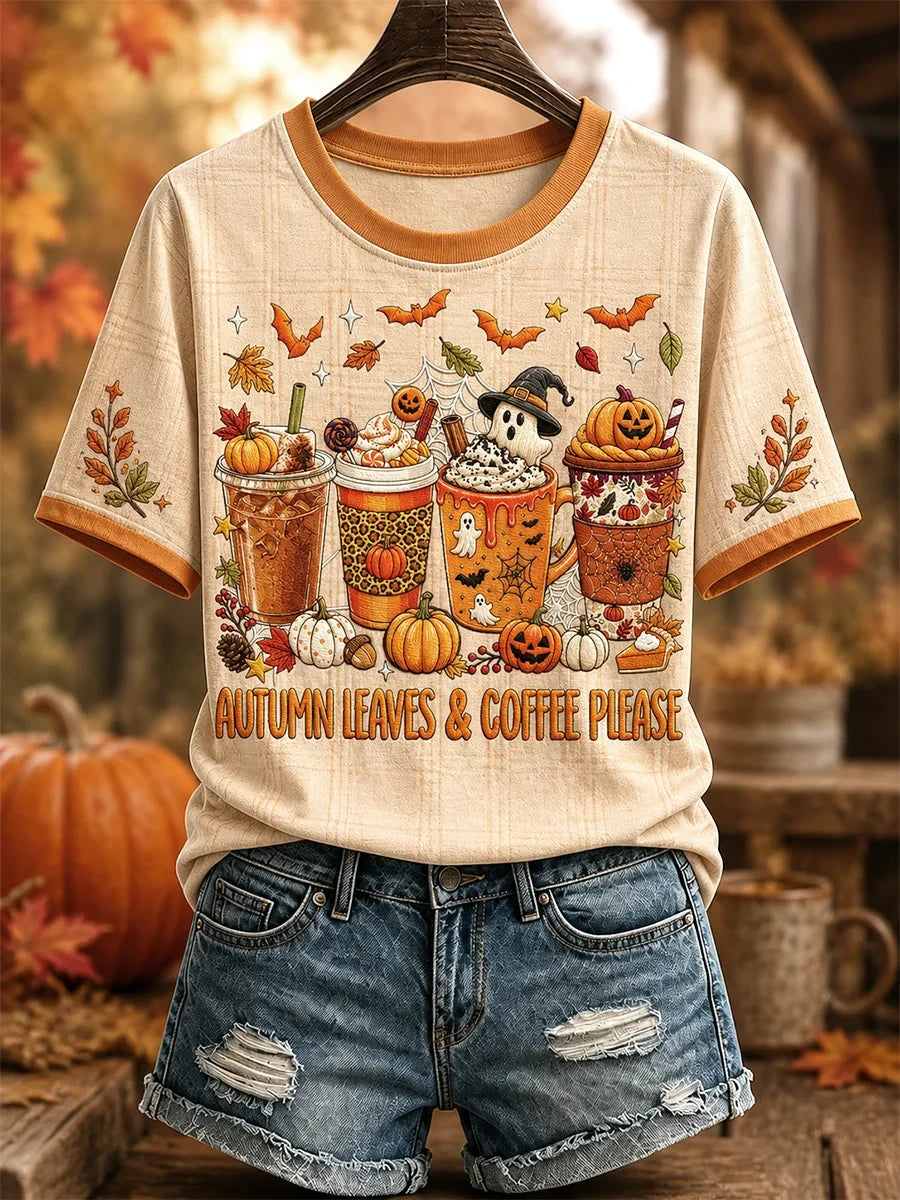 Autumn Leaves Coffee Please T-Shirt Autumn Halloween Shirt Unique Birthday Gift For Her - Merchluma