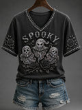 Spooky Ghost V-Neck Shirt Gothic Black Rose Ghost Shirt Spooky Season Halloween Gift for Women - Merchluma