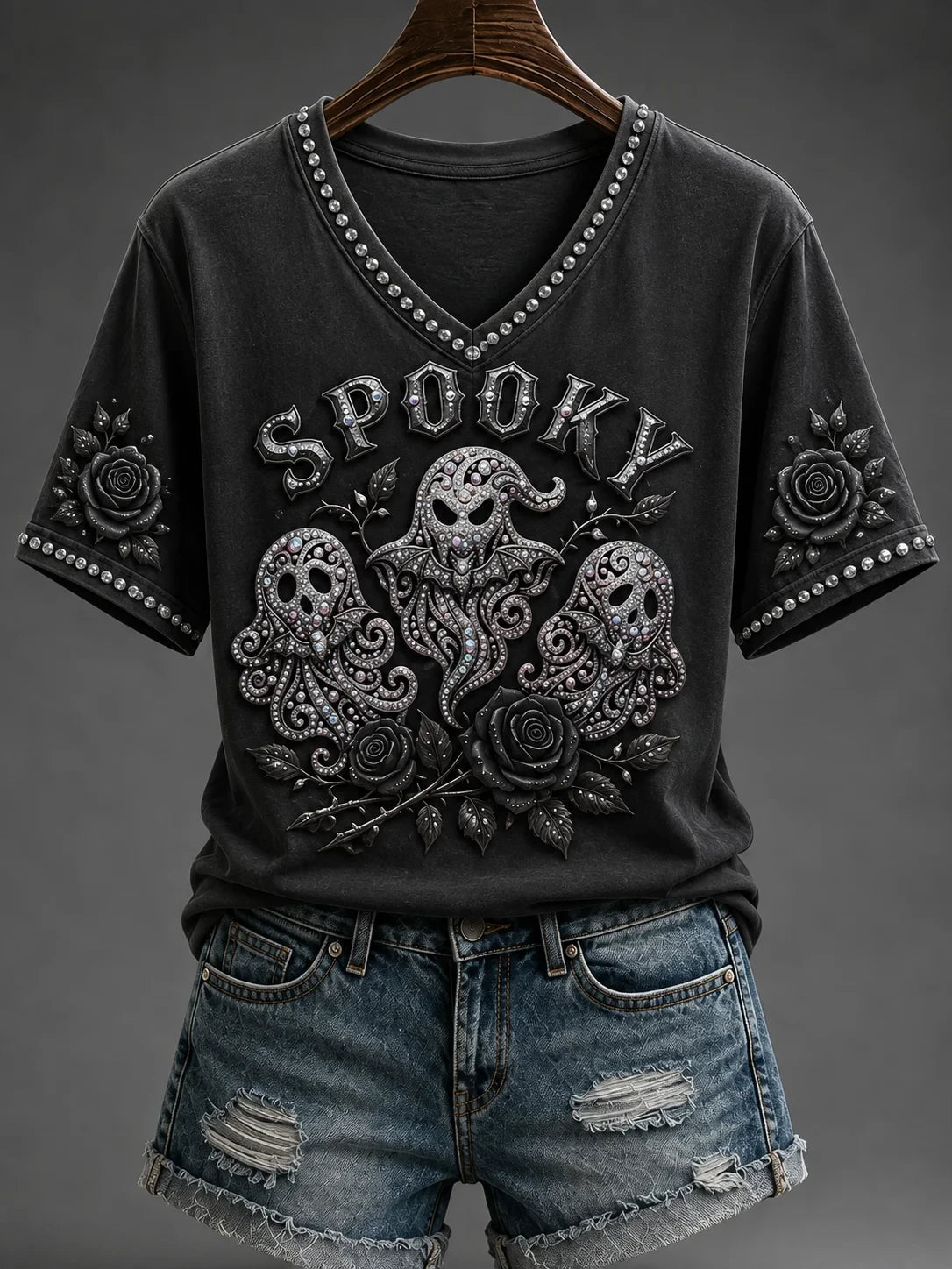 Spooky Ghost V-Neck Shirt Gothic Black Rose Ghost Shirt Spooky Season Halloween Gift for Women - Merchluma
