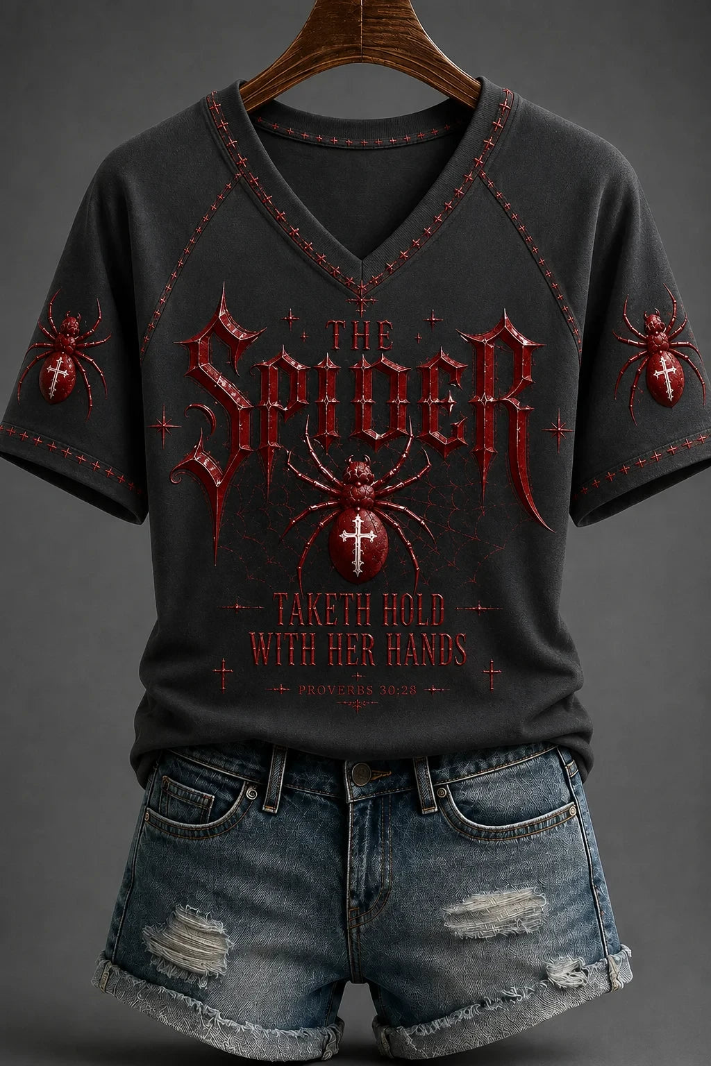 The Spider Taketh Hold With Her Hand V-Neck Shirt Bible Clothing Faith Based Gift For Women - Merchluma