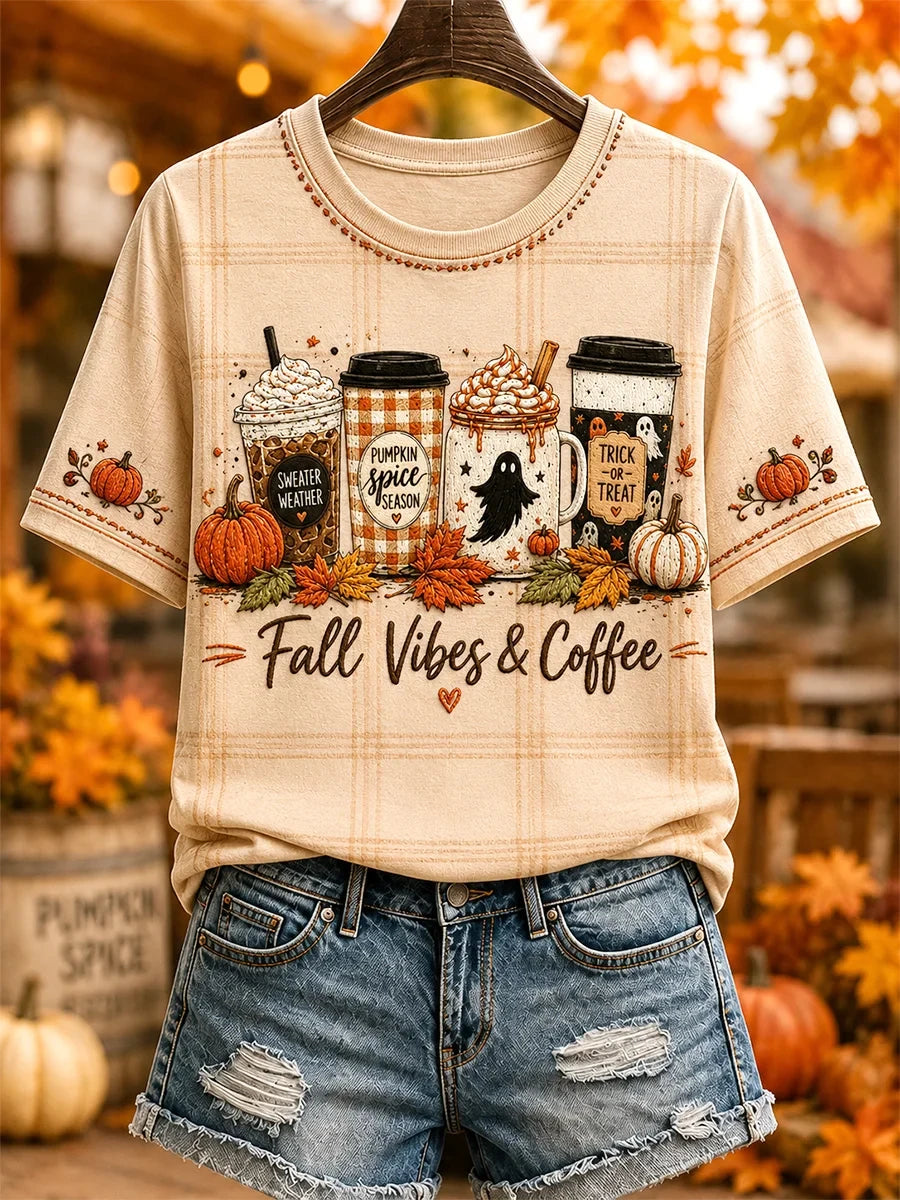 Fall Vibes & Coffee Autumn Drinks T-Shirt Autumn Halloween Merch Birthday Gifts For Her - Merchluma