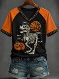 TRex Skeleton Halloween V-Neck Shirt Dinosaur Pumpkin Trick Or Treat Merch Spooky Dino Gifts - Merchluma