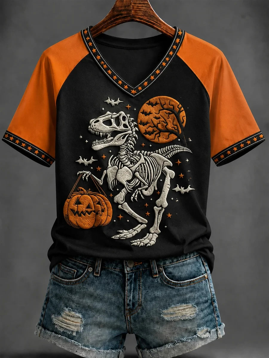 TRex Skeleton Halloween V-Neck Shirt Dinosaur Pumpkin Trick Or Treat Merch Spooky Dino Gifts - Merchluma