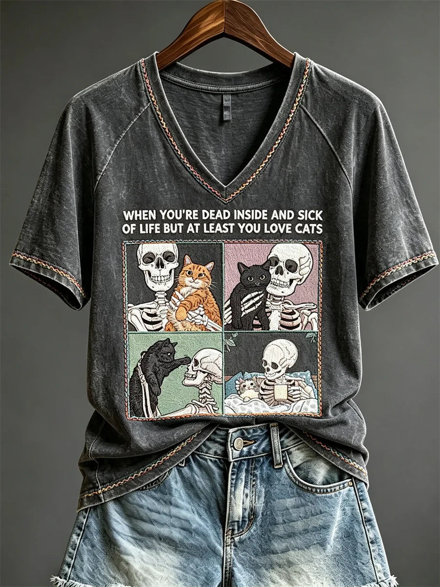 When Youre Dead Inside And Sick Of Life But At Least You Love Cats V-Neck Shirt Halloween Gifts - Merchluma