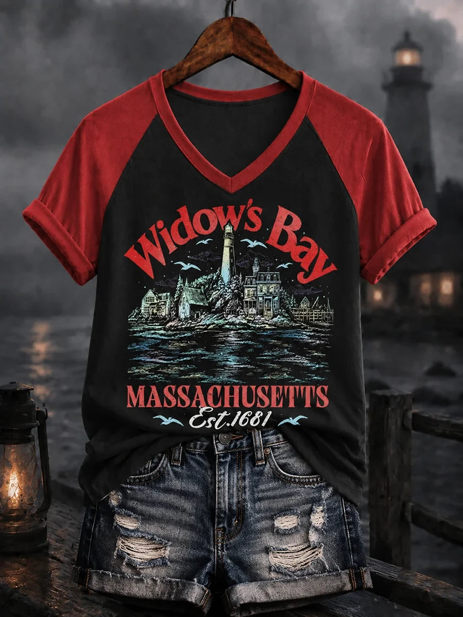 Widow's Bay Massachusetts Est 1681 V-Neck Shirt Halloween Outfits Gift For Horror Lovers - Merchluma