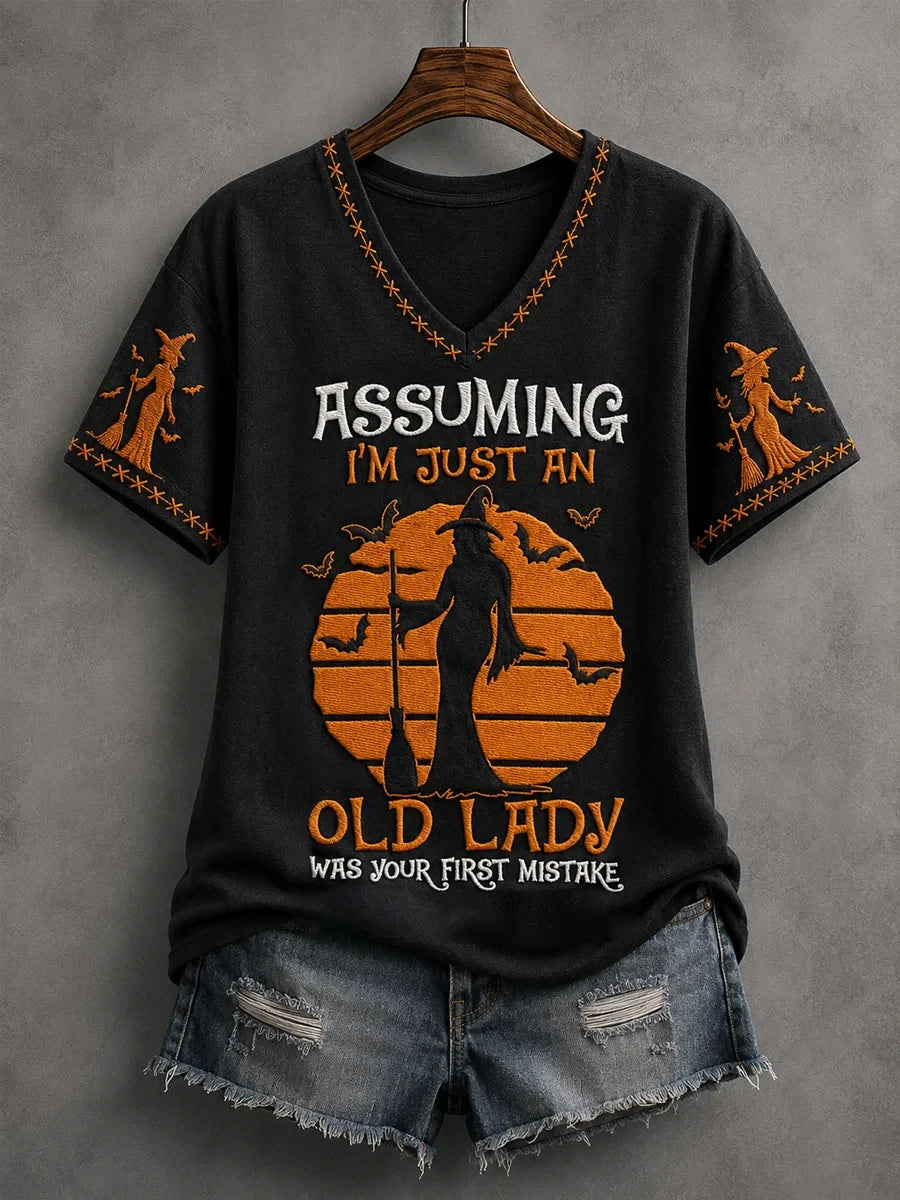 Witch Assuming I'm Just An Old Lady Was Your First Mistake V-Neck Shirt Halloween Outfits - Merchluma