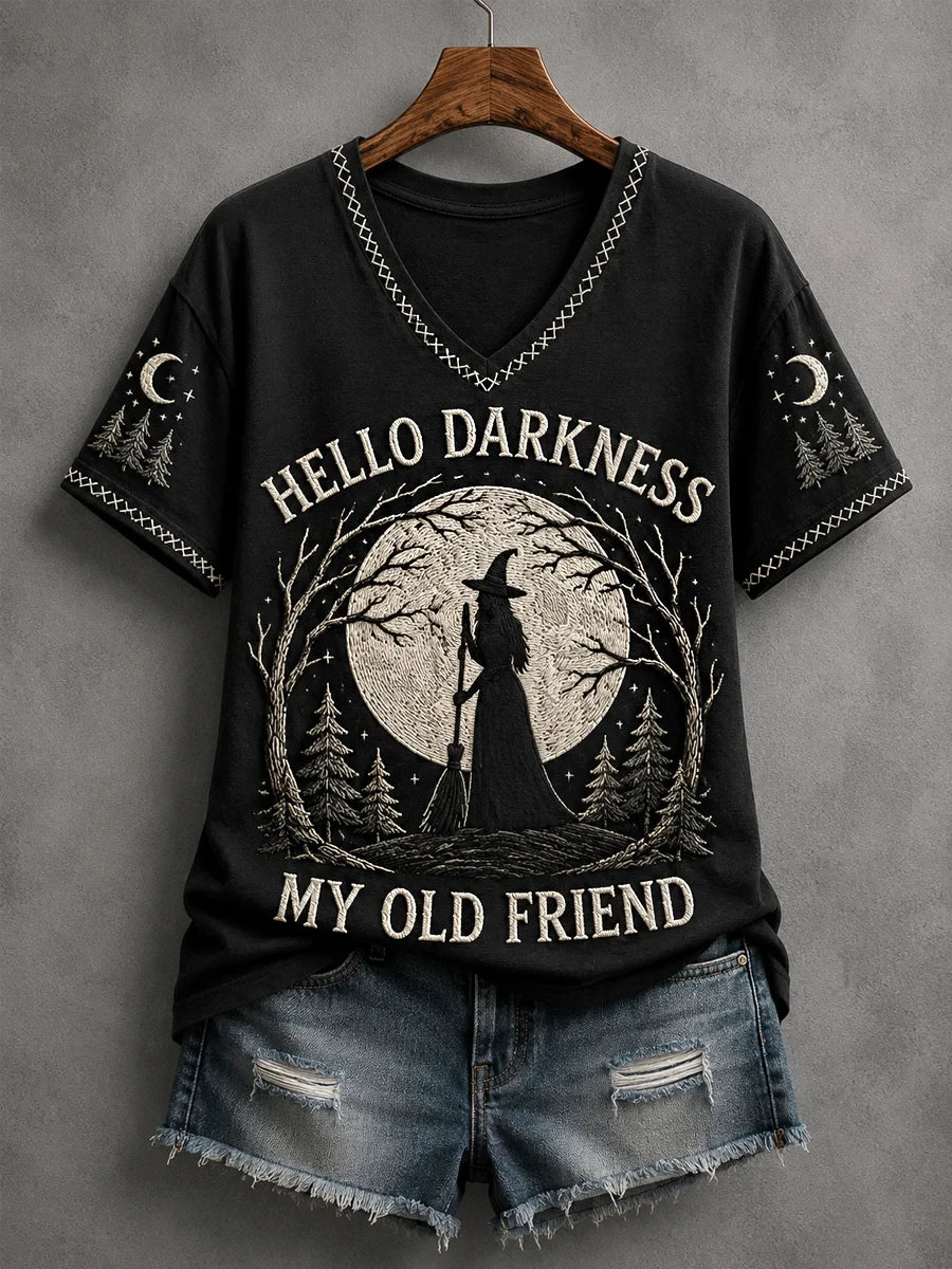 Witch Hello Darkness My Old Friend V-Neck Shirt Funny Halloween Shirts Gifts For Witch Lovers - Merchluma