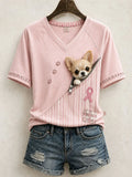 Cute Chihuahua Breast Cancer Awareness V-Neck Shirt Cute Patchwork Shirts Gift For Dog Lovers - Merchluma