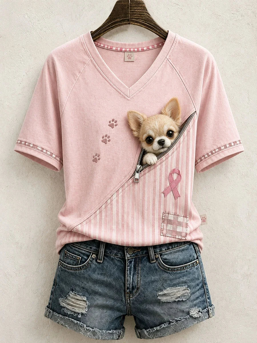 Cute Chihuahua Breast Cancer Awareness V-Neck Shirt Cute Patchwork Shirts Gift For Dog Lovers - Merchluma