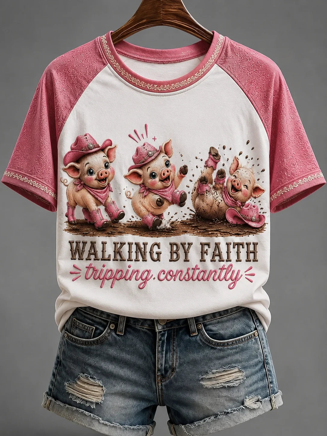 Walking By Faith Tripping Constantly T-Shirt Pig Farm Tee Gifts For Sister - Merchluma