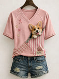 Cute Corgi Pattern Patchwork Art V-Neck Shirt Wag More Worry Less Shirts Gift For Corgi Mom - Merchluma