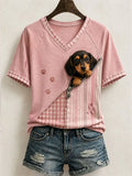 Cute Dachshund Pattern Patchwork Art V-Neck T-Shirt Breast Cancer Awareness Merch For Dog Mom - Merchluma