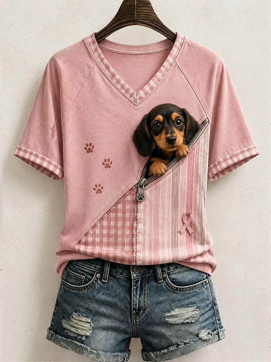 Cute Dachshund Pattern Patchwork Art V-Neck T-Shirt Breast Cancer Awareness Merch For Dog Mom - Merchluma