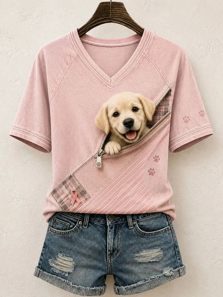 Cute Golden Retriever Breast Cancer Awareness V-Neck Shirt Present For Dog Lovers - Merchluma