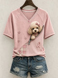 Cute Poodle Pattern Patchwork Art V-Neck Shirt Puppy In Pocket Shirt Gift For Poodle Lovers - Merchluma