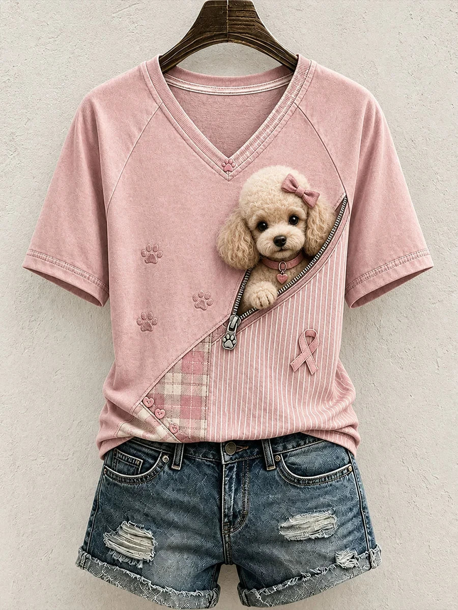 Cute Poodle Pattern Patchwork Art V-Neck Shirt Puppy In Pocket Shirt Gift For Poodle Lovers - Merchluma