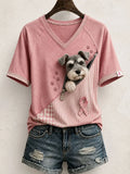 Cute Schnauzer Pattern Patchwork Art V-Neck T-Shirt Breast Cancer Awareness Apparel For Dog Mom - Merchluma