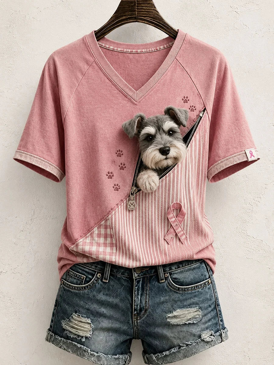 Cute Schnauzer Pattern Patchwork Art V-Neck T-Shirt Breast Cancer Awareness Apparel For Dog Mom - Merchluma