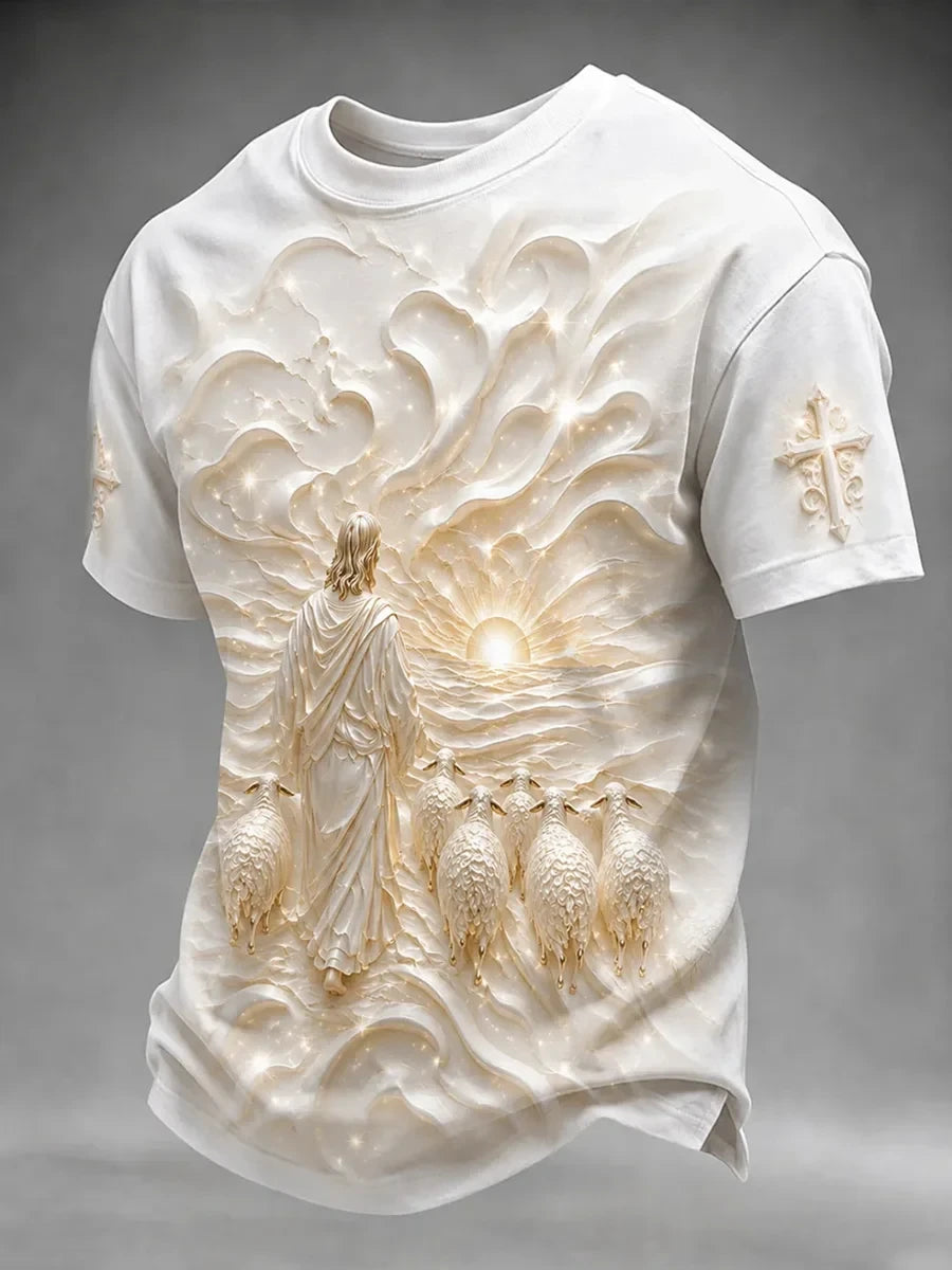 Jesus Walking With Sheep T-Shirt Religious Faith Merch Halloween Apparel For Him - Merchluma