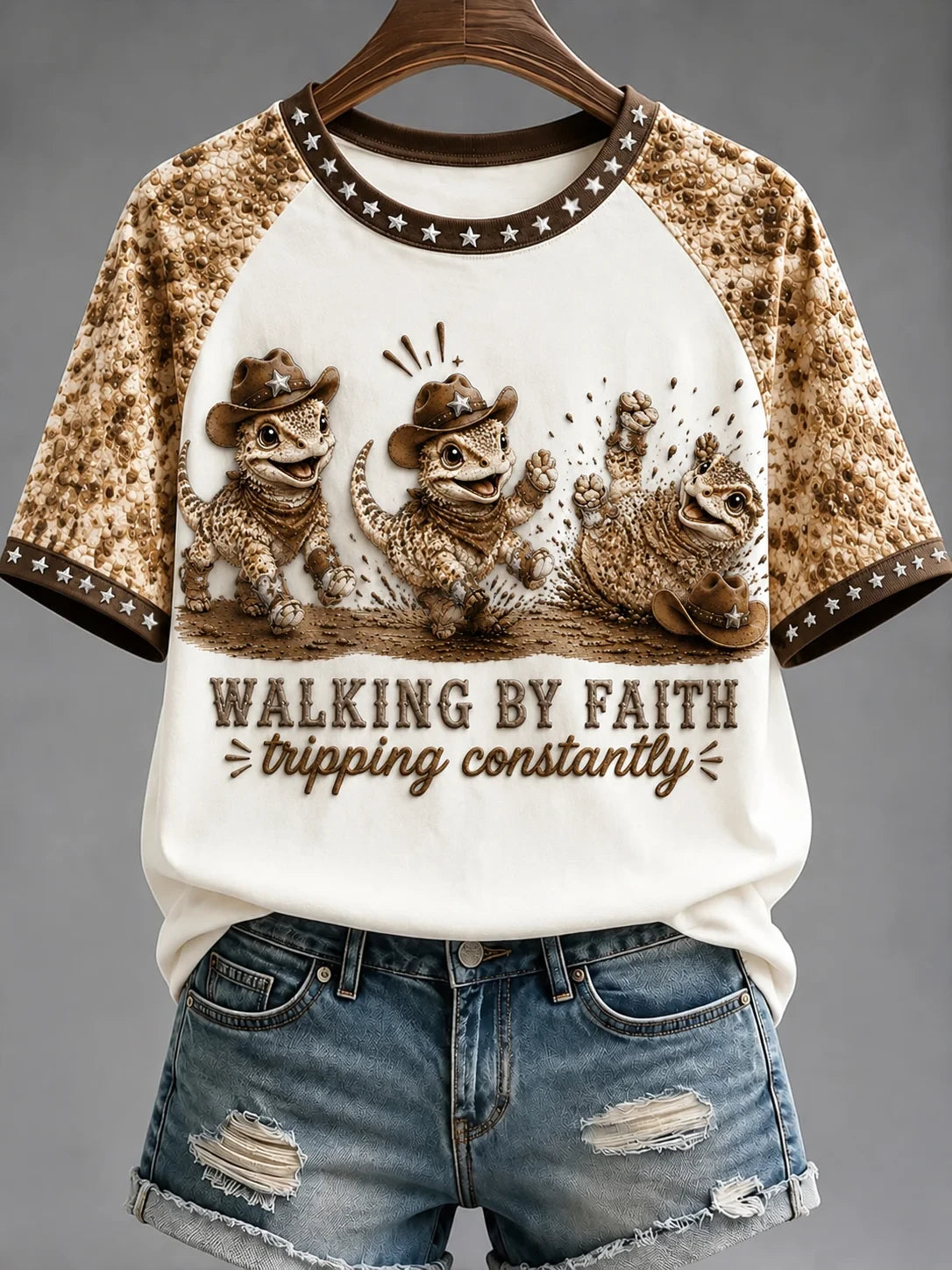 Walking By Faith Tripping Constantly T-Shirt Cowboy Dinosaur Shirt Gifts For Her - Merchluma