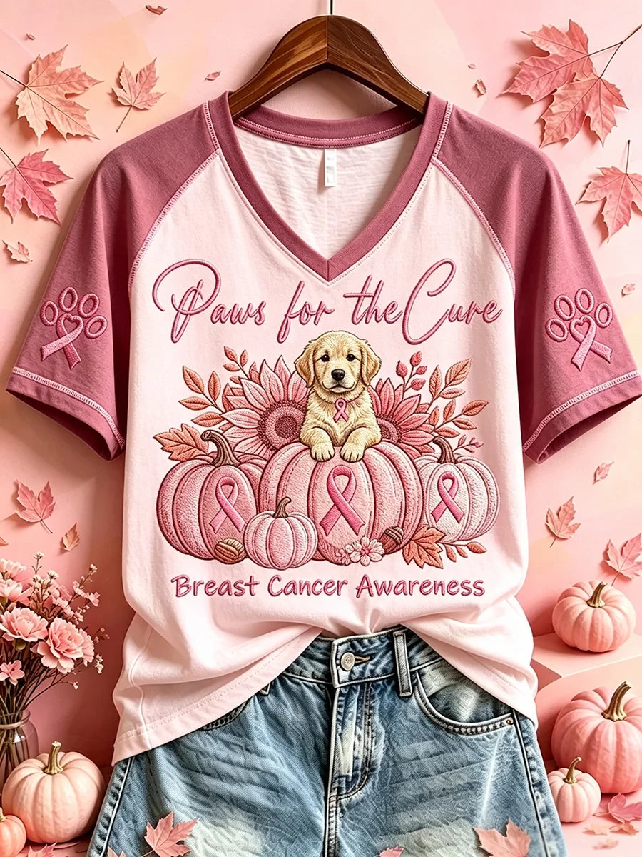 Paws For The Cure Breast Cancer Awareness Dog Print V-Neck Shirt Fall Apparel Dog Lover Gifts - Merchluma