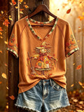 Autumn Cute Straw Man Pattern V-Neck Shirt Cute Fall Clothes Gifts For Sisters - Merchluma