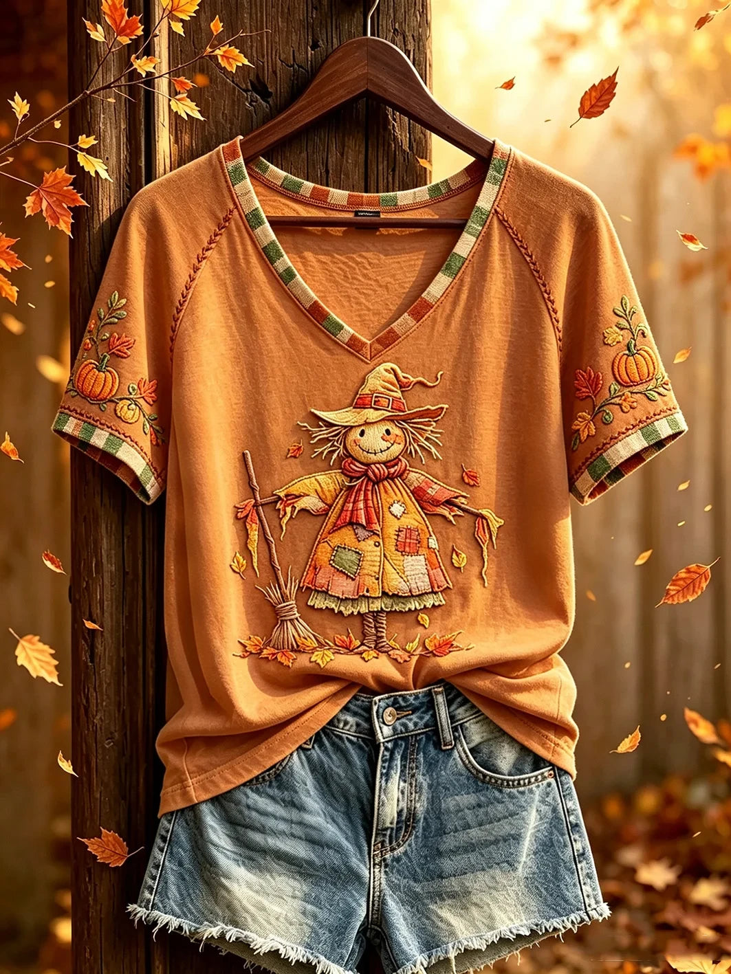 Autumn Cute Straw Man Pattern V-Neck Shirt Cute Fall Clothes Gifts For Sisters - Merchluma