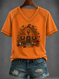 Autumn Pumpkin Art V-Neck T-Shirt Casual Autumn Outfits Gifts Ideas For Sisters - Merchluma