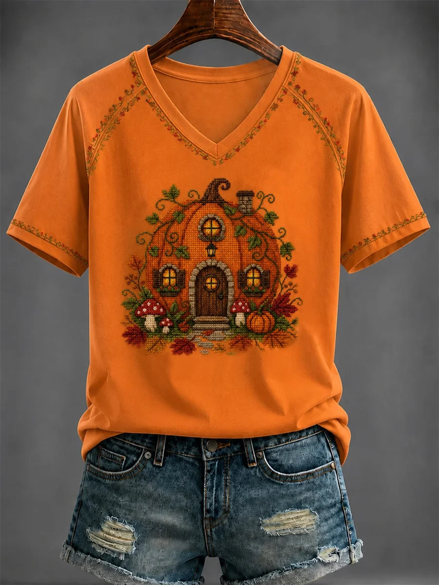 Autumn Pumpkin Art V-Neck T-Shirt Casual Autumn Outfits Gifts Ideas For Sisters - Merchluma