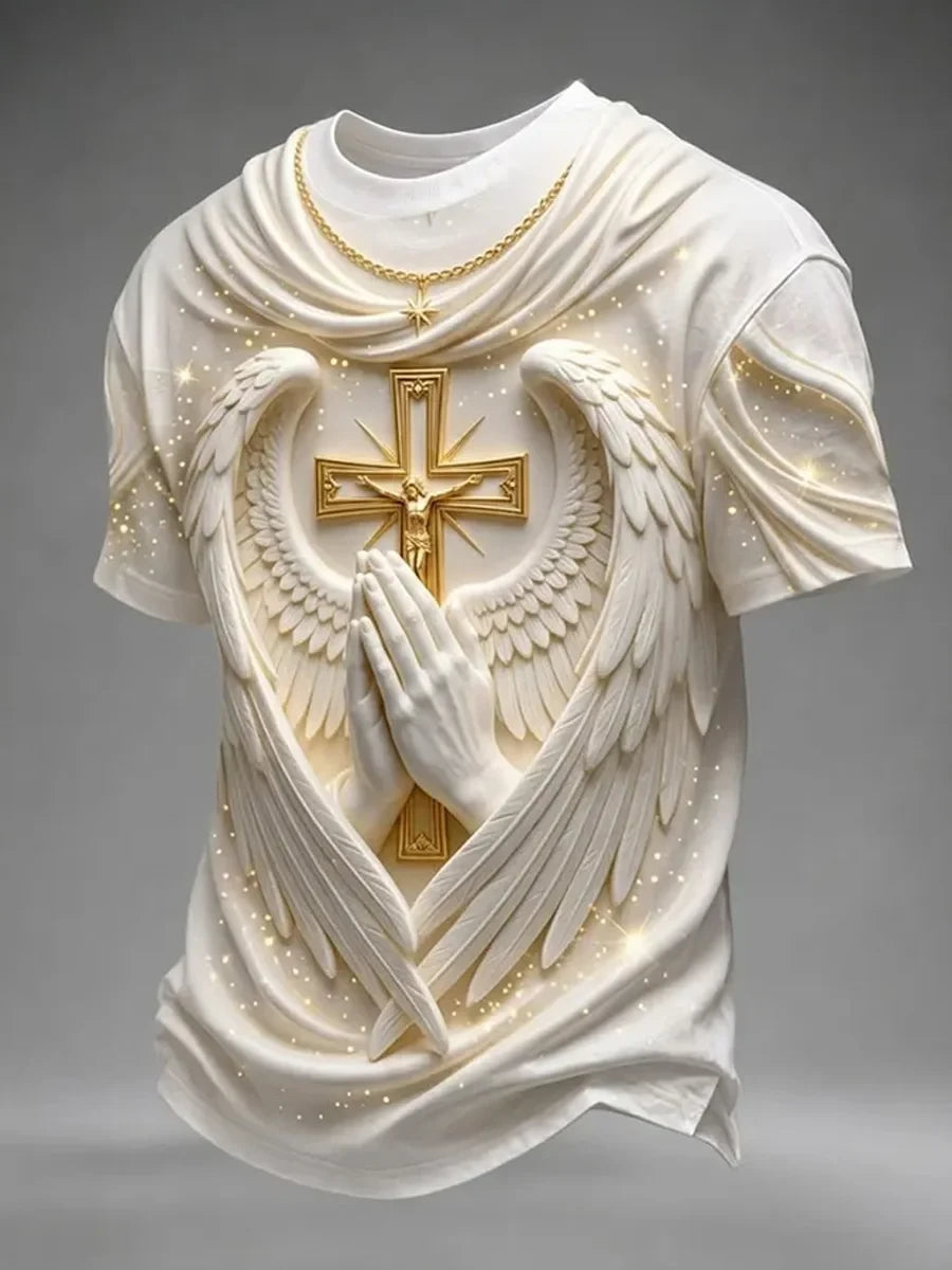 Praying Hands With Cross Wings T-Shirt Religious Faith Shirt Gift Ideas For Him - Merchluma