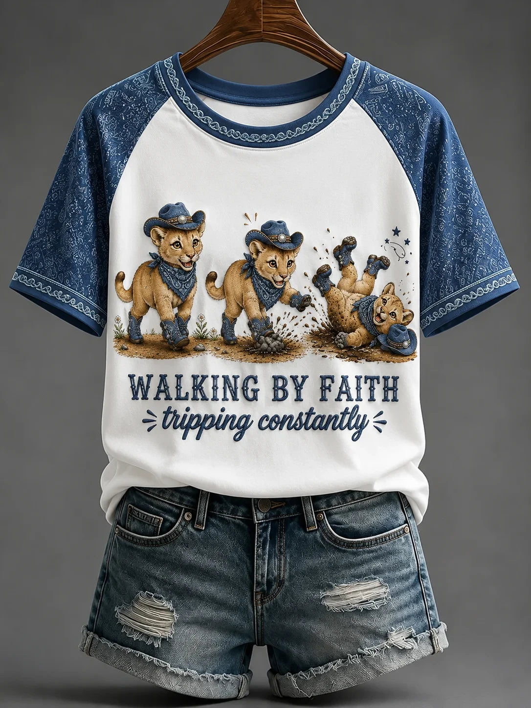 Walking By Faith Tripping Constantly T-Shirt Lion Cowboy Merch Clothing For Women - Merchluma