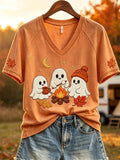 Cozy Campfire Ghosts Fall Camping V-Neck Shirt Cute Halloween Apparel Autumn Gifts - Merchluma