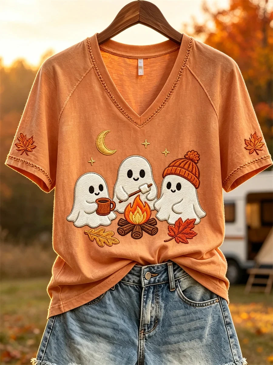 Cozy Campfire Ghosts Fall Camping V-Neck Shirt Cute Halloween Apparel Autumn Gifts - Merchluma