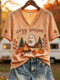 Cozy Season Ghost Fall Camping V-Neck Shirt Autumn Clothing Cute Halloween Presents - Merchluma