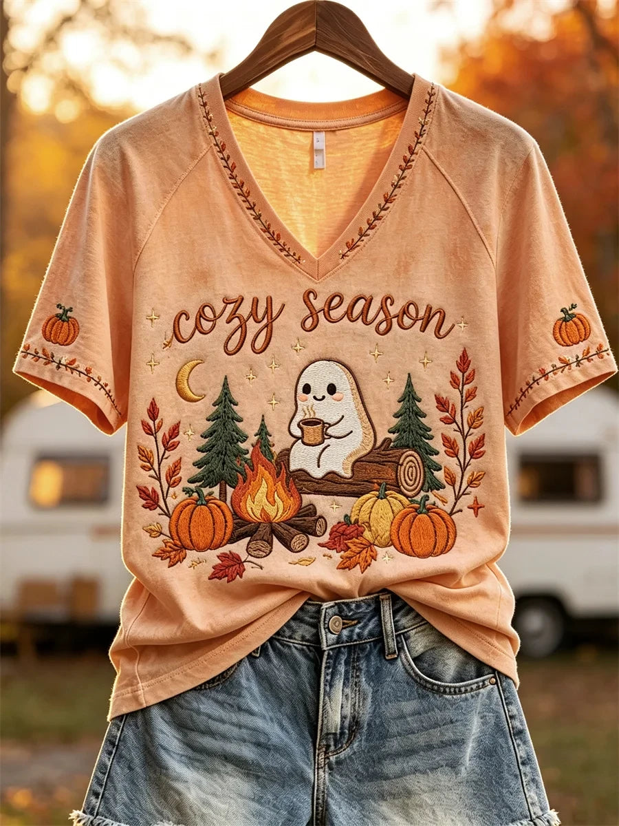 Cozy Season Ghost Fall Camping V-Neck Shirt Autumn Clothing Cute Halloween Presents - Merchluma