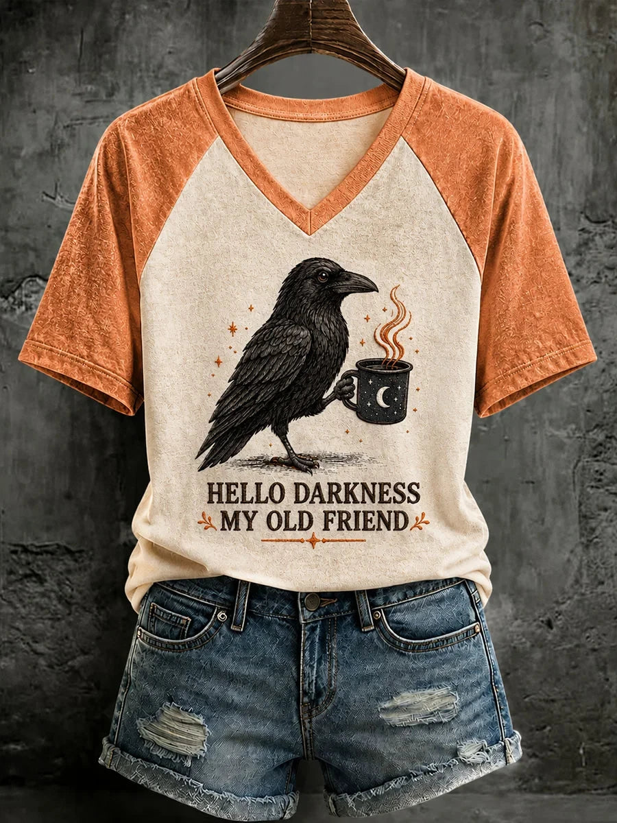Gothic Raven Hello Darkness My Old Friend V-Neck Shirt Halloween Outfits Gift For Friends - Merchluma