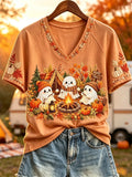 Happy Fall Ghosts Fall Camping V-Neck Shirt Cute Autumn Outfits Gifts For Halloween Lovers - Merchluma