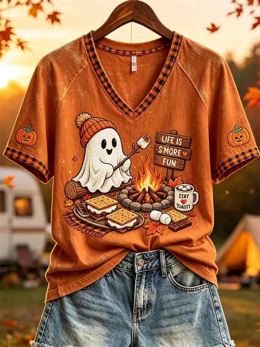 Life Is S'more Fun Halloween Ghost Fall Camping V-Neck Shirt Autumn Attire Cute Halloween Gift - Merchluma