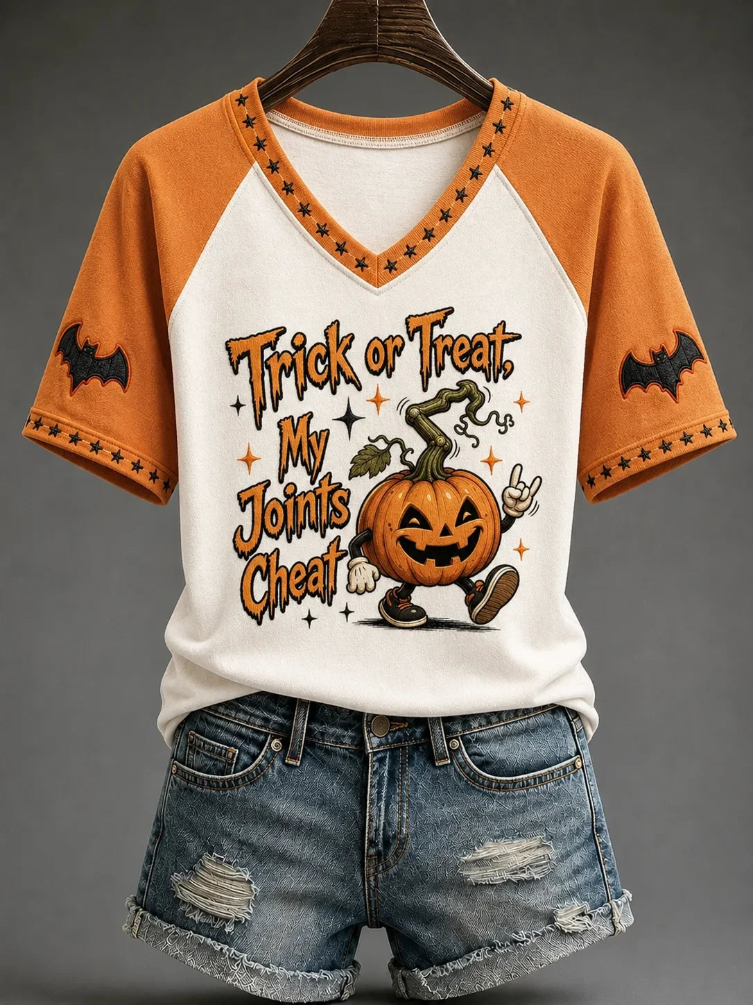 Pumpkin Trick Or Treat Joints Cheat V-Neck Shirt Halloween Apparel Spooky Gifts - Merchluma