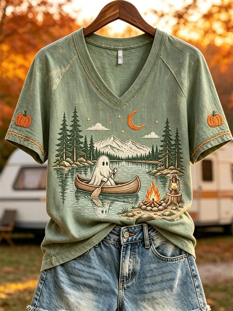 Boating Ghost Fall Camping V-Neck Shirt Cute Autumn Clothes Halloween Gifts For Her - Merchluma