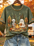 Skeleton And Ghost Camping T-Shirt Halloween Autumn Merch Unique Gift For Women - Merchluma