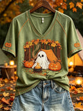 Cute Ghost Camping Pattern V-Neck Shirt Halloween Inspired Clothing Gift For Campers - Merchluma