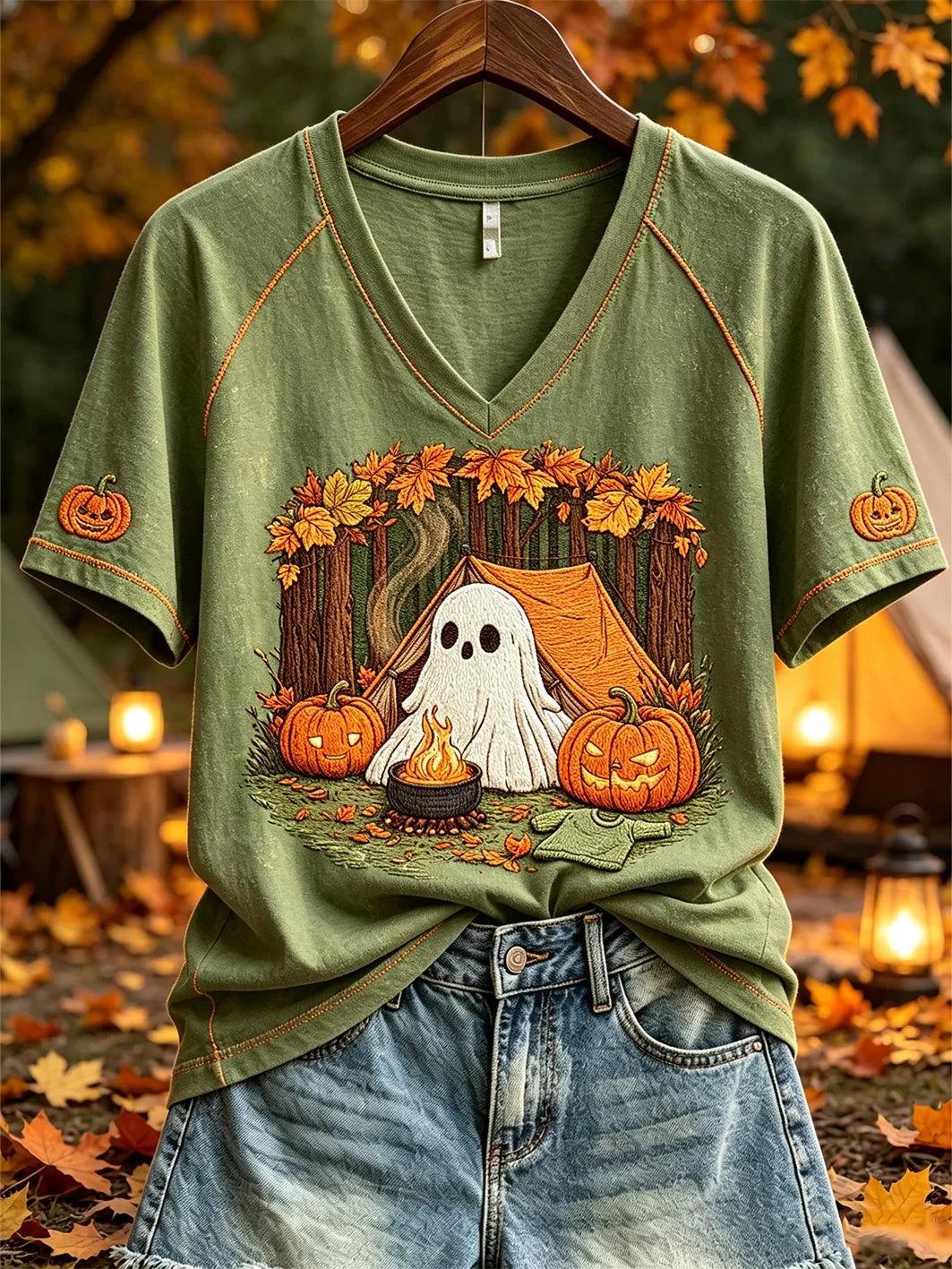 Cute Ghost Camping Pattern V-Neck Shirt Halloween Inspired Clothing Gift For Campers - Merchluma