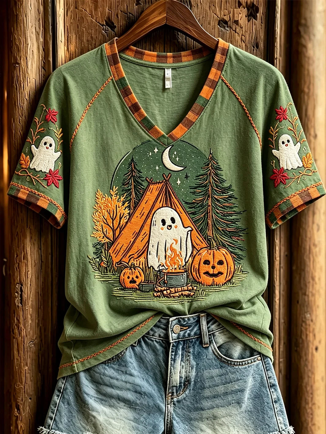 Cute Ghost Camping V-Neck Shirt Trendy Autumn Outfits Halloween Gift Ideas - Merchluma